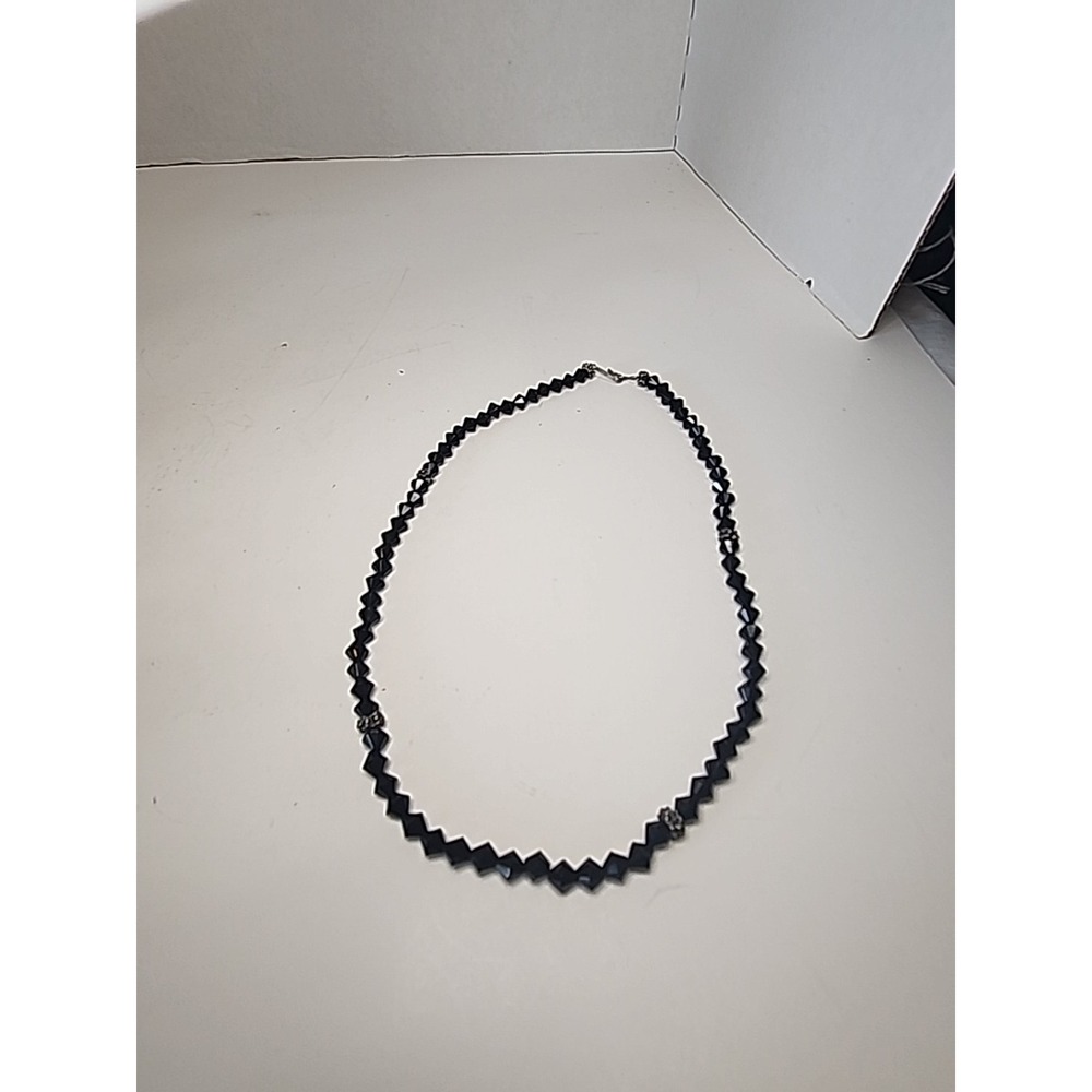 Art Deco Style French Jet Black Glass 19" Necklace W/ Silvertone Floral‎ Spacers